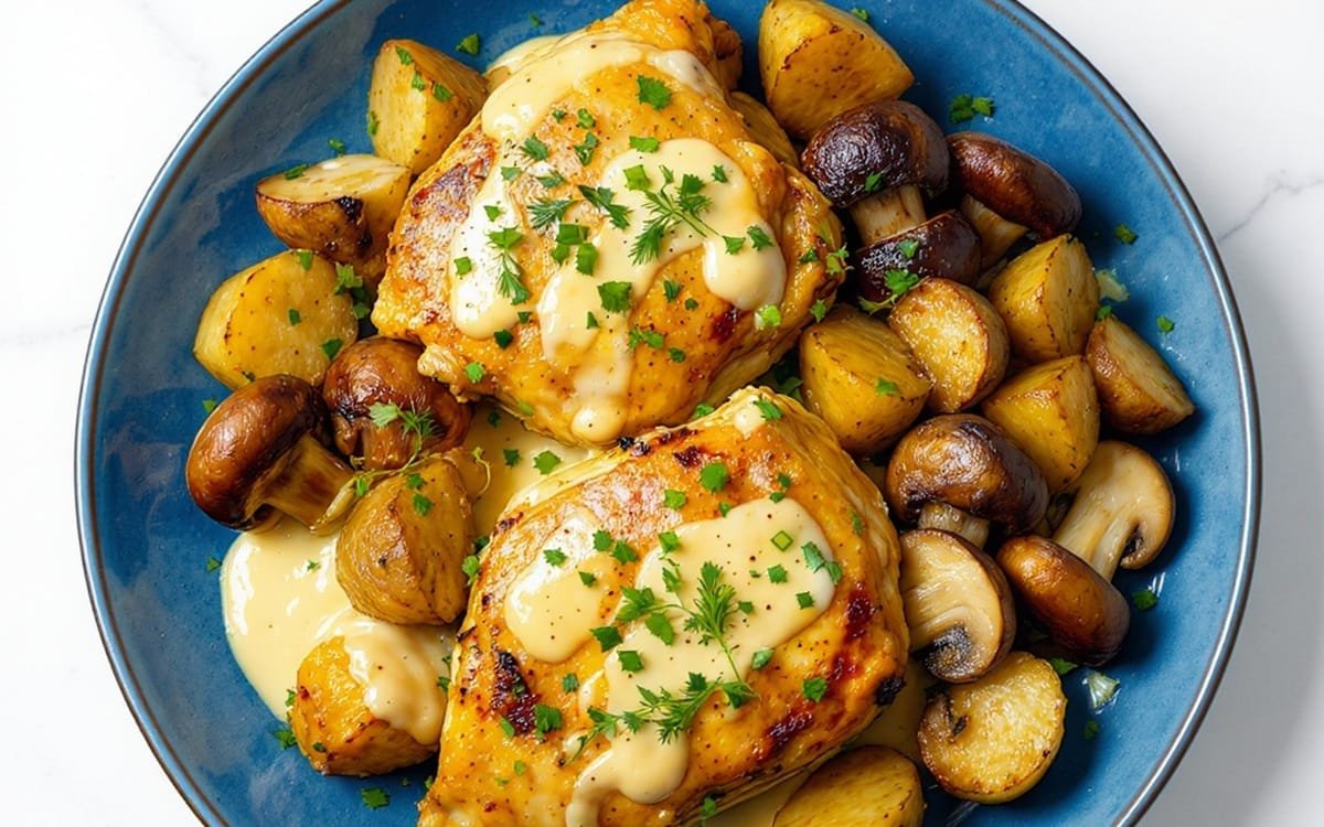 Baked Chicken with Creamy Herb Sauce, Roasted Potatoes & Mushrooms