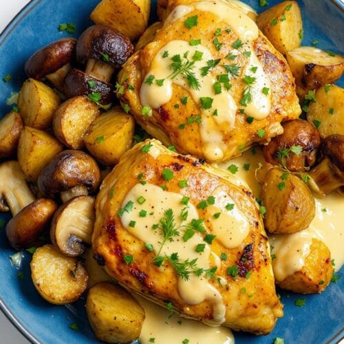 Baked Chicken with Creamy Herb Sauce, Roasted Potatoes & Mushrooms