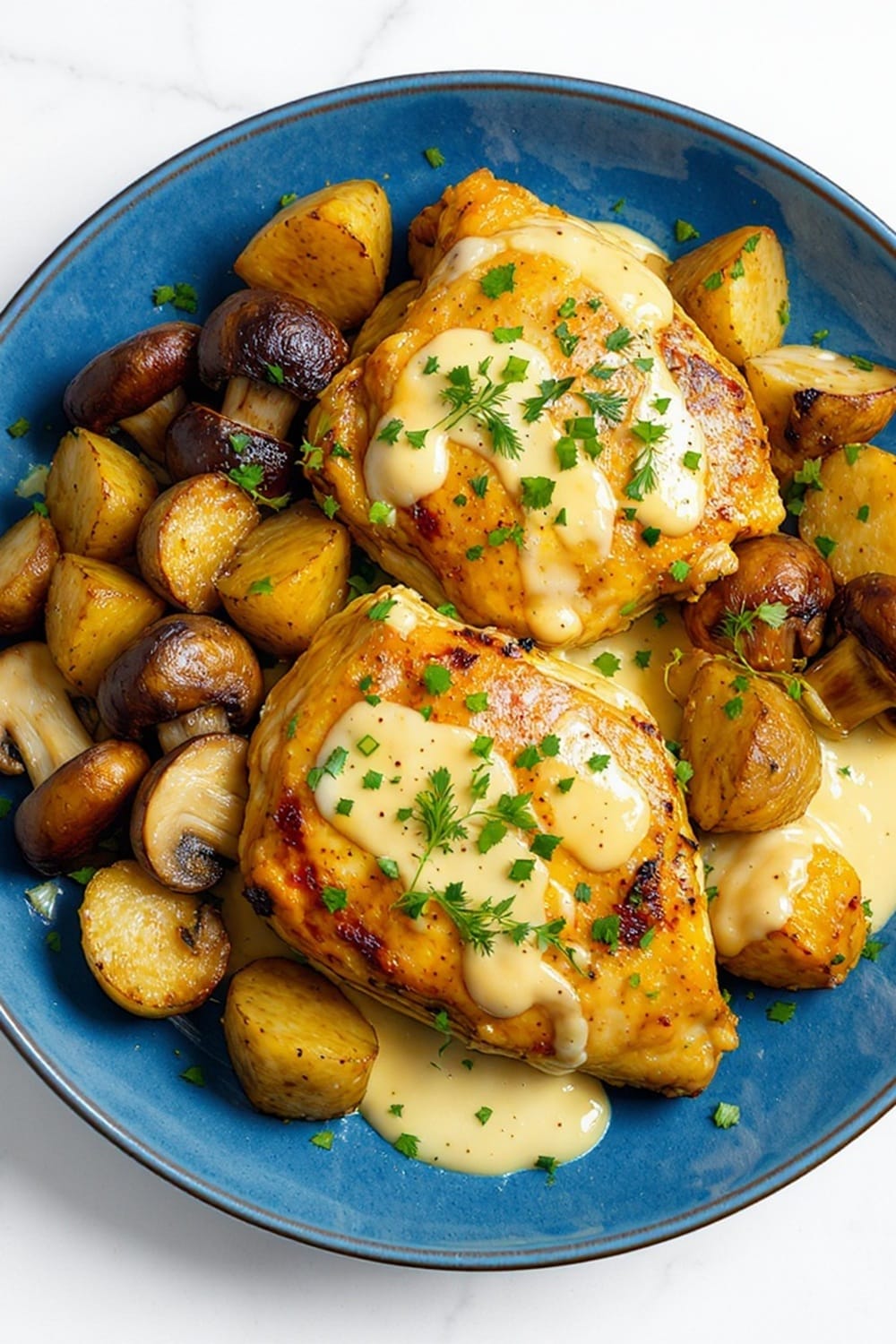 Baked Chicken with Creamy Herb Sauce, Roasted Potatoes & Mushrooms