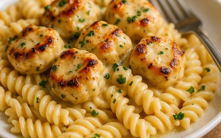 Creamy Garlic Parmesan Chicken Bites with Cheesy Twisted Pasta