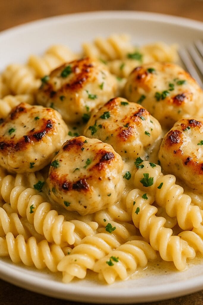 Creamy Garlic Parmesan Chicken Bites with Cheesy Twisted Pasta