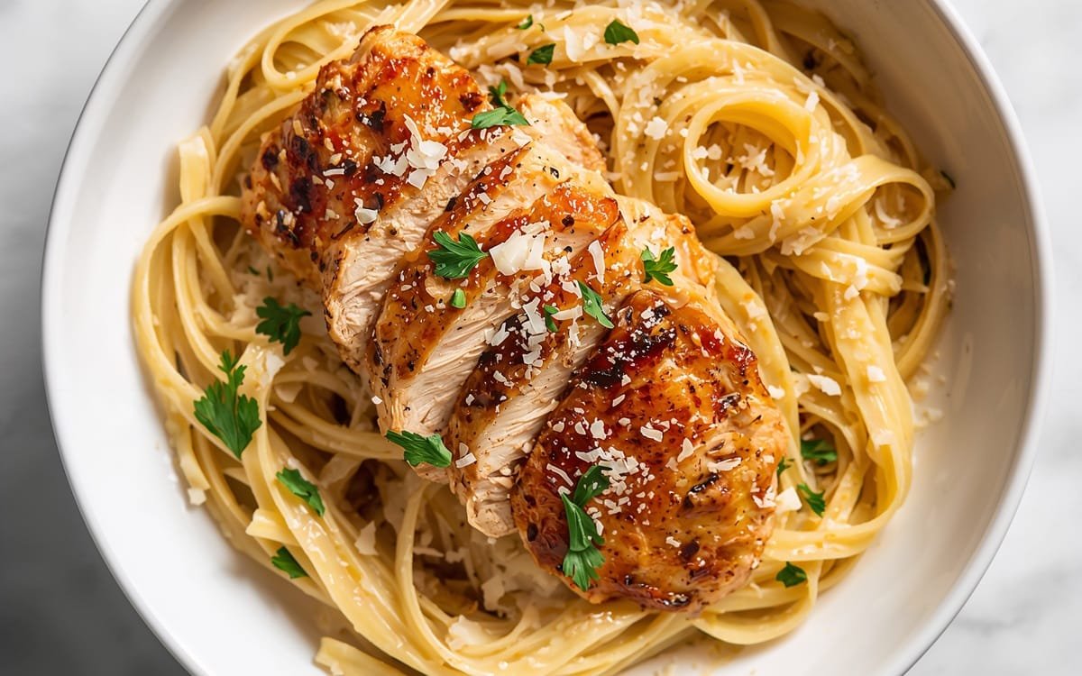 Crispy Chicken Breast Slices Over Creamy Pasta