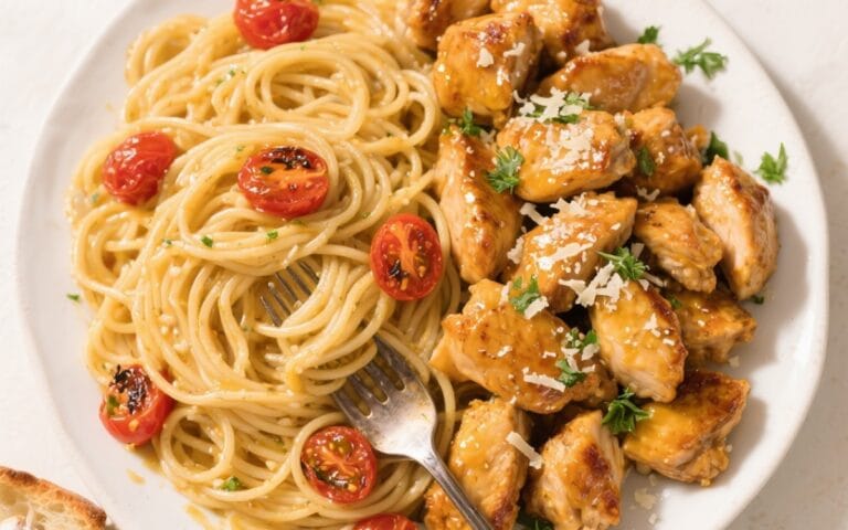 Garlic Butter Chicken Bites with Spaghetti and Roasted Tomatoes_recipe