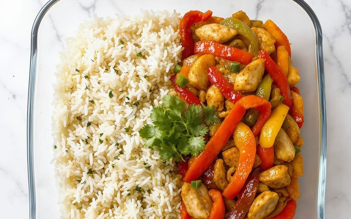 Sizzling Garlic Chicken Stir-Fry With Peppers & Steamed Rice