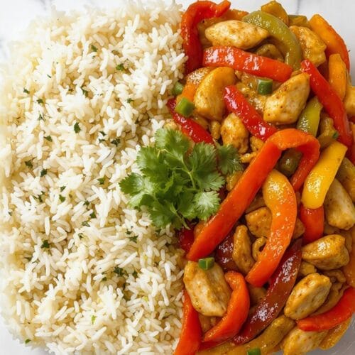 Sizzling Garlic Chicken Stir-Fry With Peppers & Steamed Rice