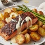 Baked Salmon with Roasted Potatoes & Asparagus (Melted Cheese Sauce)