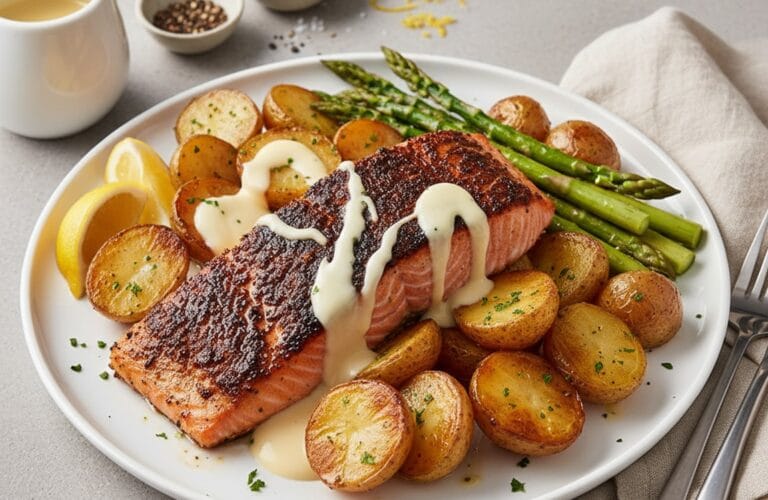 Baked Salmon with Roasted Potatoes & Asparagus (Melted Cheese Sauce)