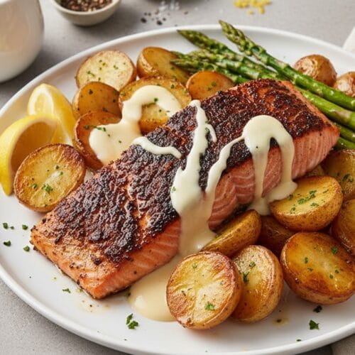 Baked Salmon with Roasted Potatoes & Asparagus (Melted Cheese Sauce)