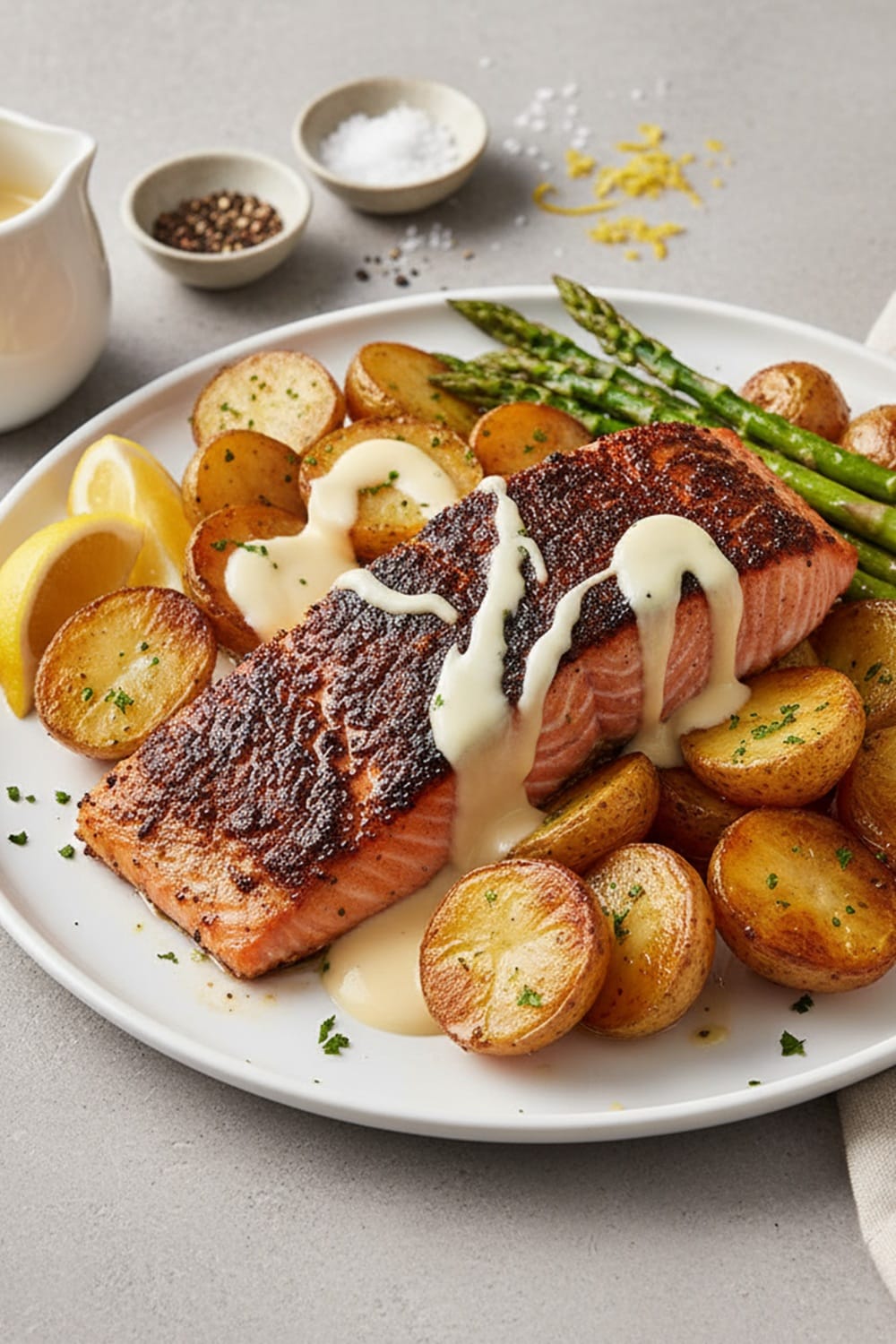Baked Salmon with Roasted Potatoes & Asparagus (Melted Cheese Sauce)