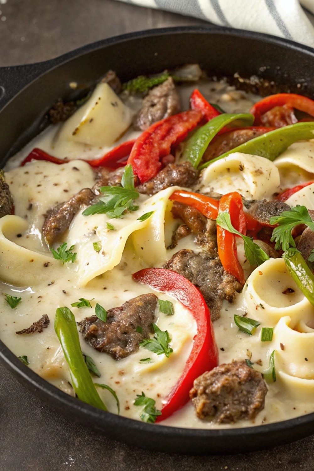 Cheesesteak Tortellini in Provolone Sauce Creamy