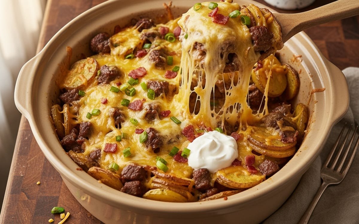 Delicious! Crockpot Loaded Steak and Potato Bake Extremely Cheesy & Juicy
