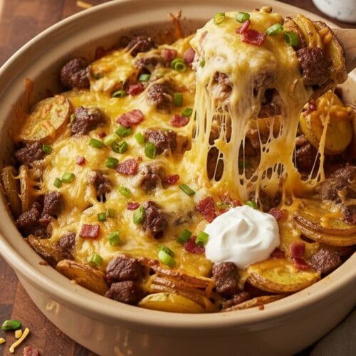 Delicious! Crockpot Loaded Steak and Potato Bake Extremely Cheesy & Juicy