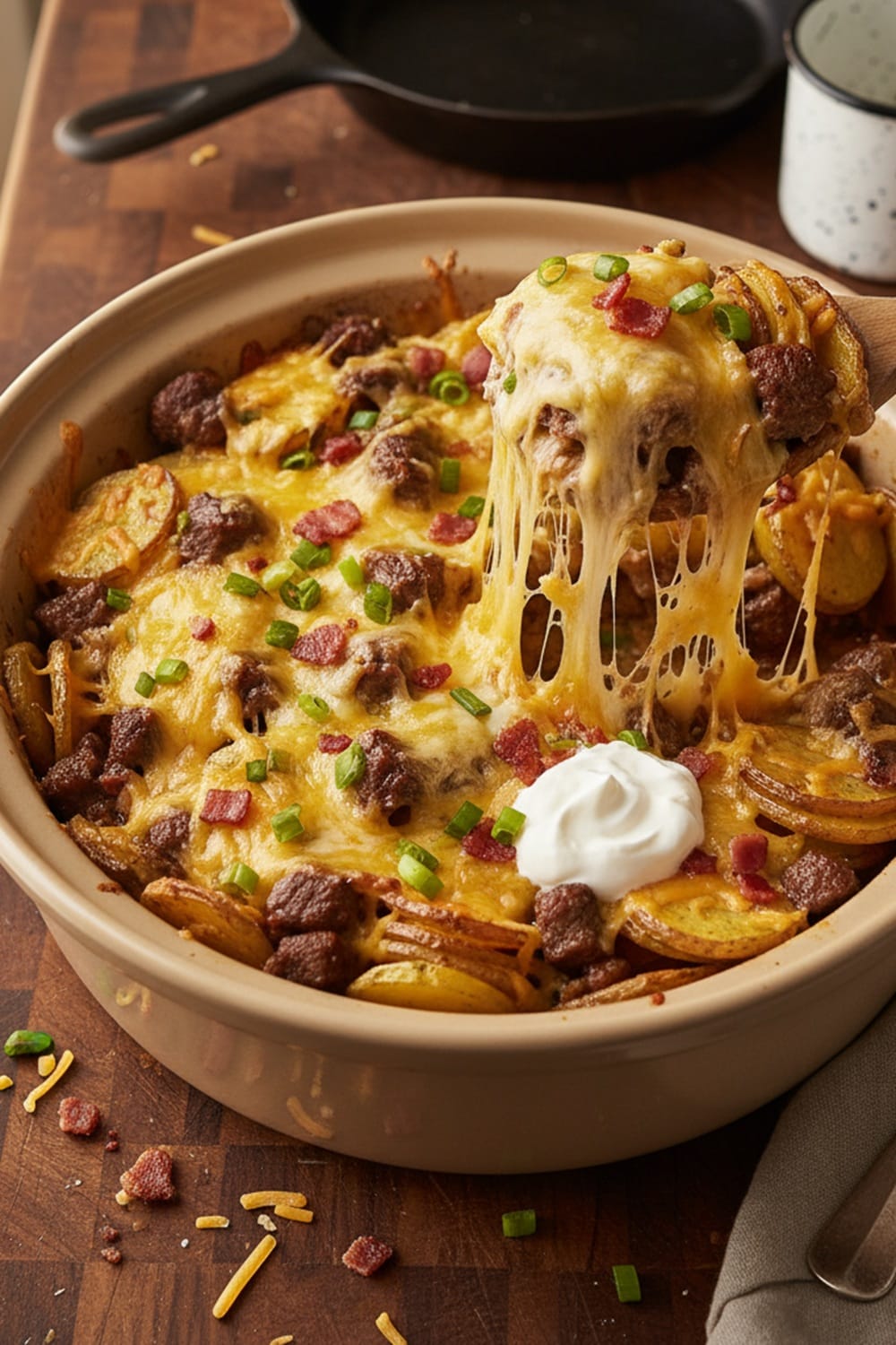 Delicious! Crockpot Loaded Steak and Potato Bake Extremely Cheesy & Juicy