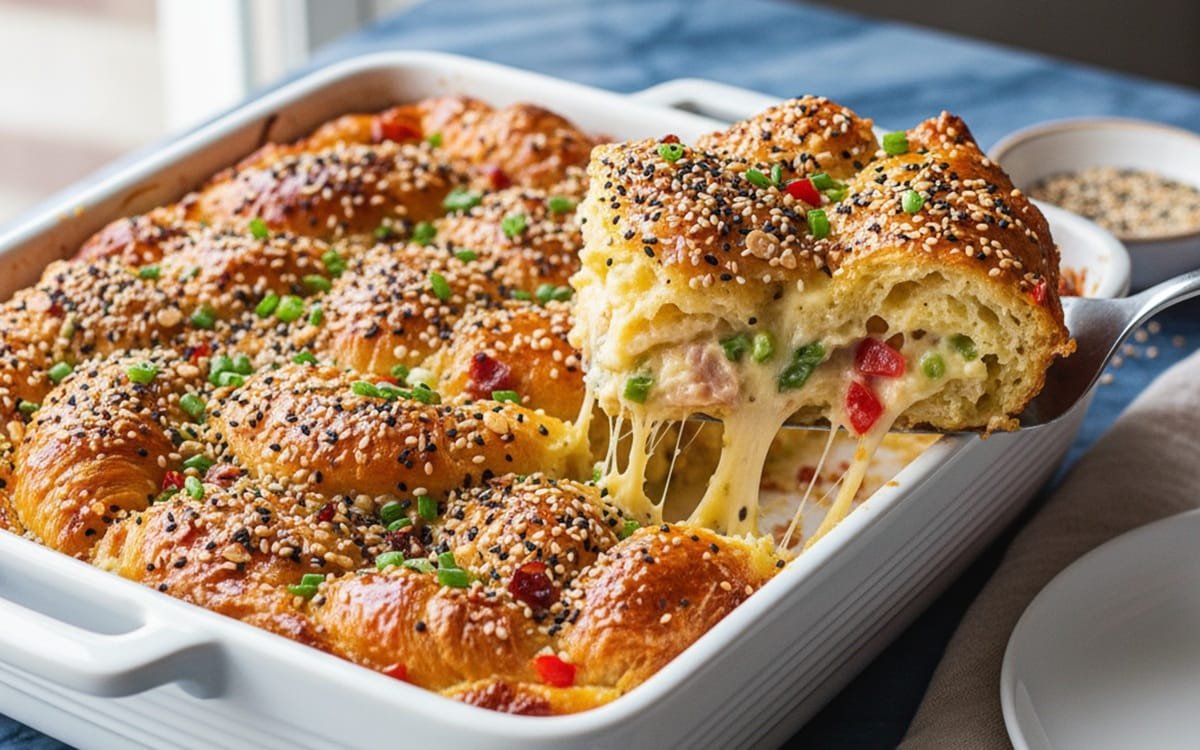 Mouth Watering! Croissant Breakfast Casserole with Everything Bagel Seasoning Extremely Cheesy & Buttery