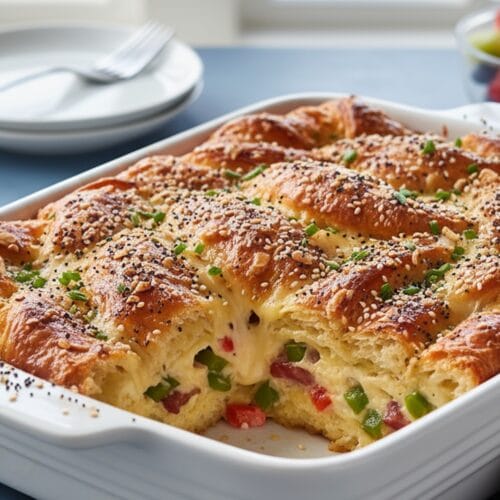 Mouth Watering! Croissant Breakfast Casserole with Everything Bagel Seasoning Extremely Cheesy & Buttery