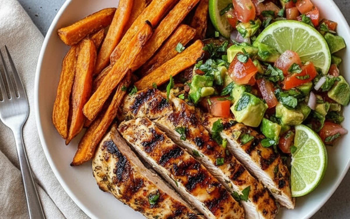 Grilled Chicken Strips with Sweet Potato Wedges & Avocado Salsa