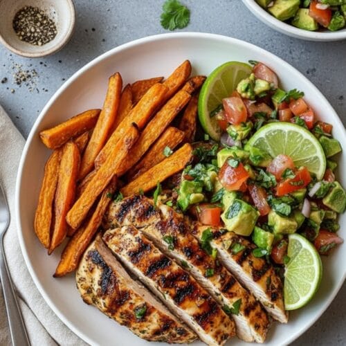 Grilled Chicken Strips with Sweet Potato Wedges & Avocado Salsa