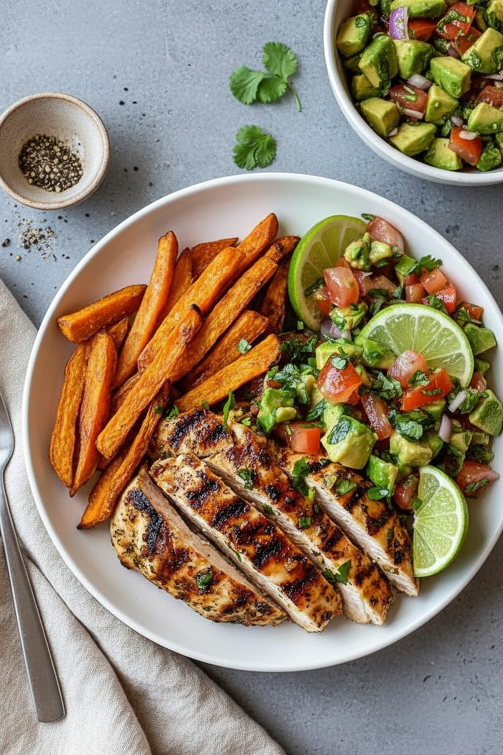 Grilled Chicken Strips with Sweet Potato Wedges & Avocado Salsa