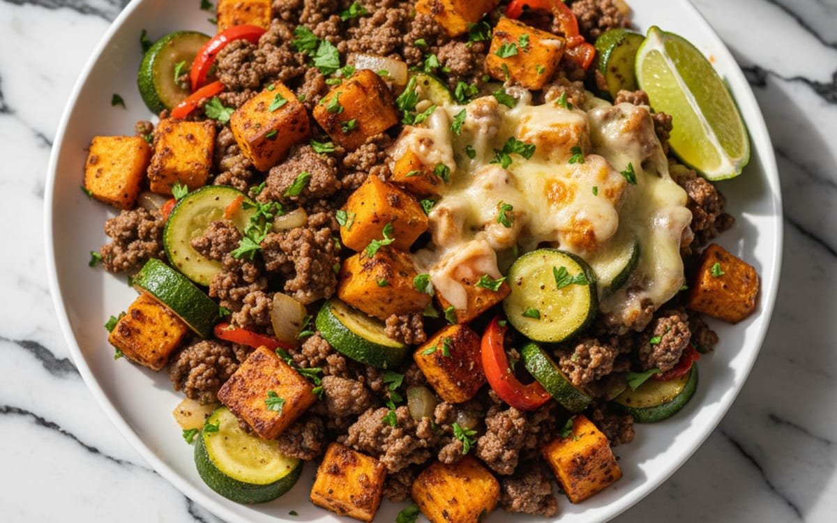 Juicy & Cheesy Ground Beef Zucchini Sweet Potato Skillet