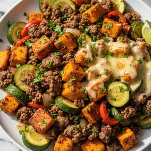 Juicy & Cheesy Ground Beef Zucchini Sweet Potato Skillet