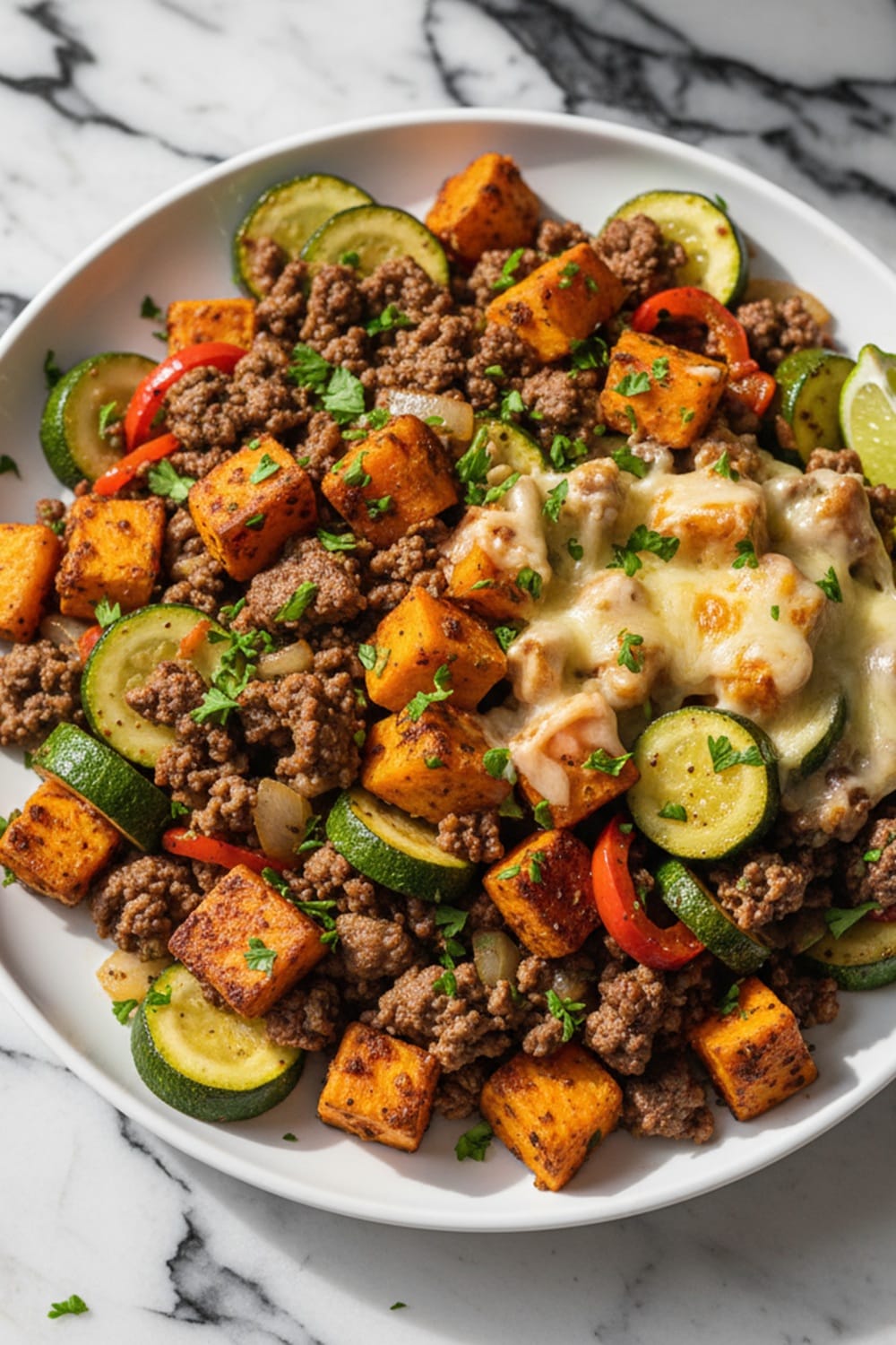 Juicy & Cheesy Ground Beef Zucchini Sweet Potato Skillet