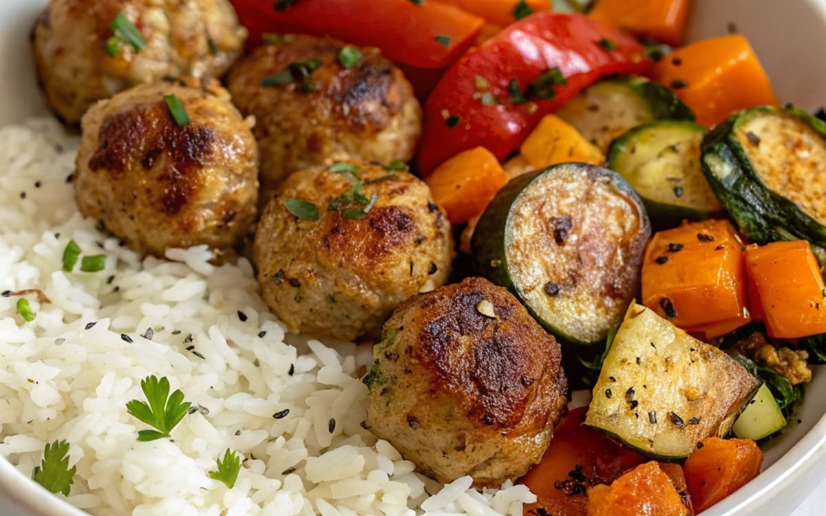 Easy & Healthy Meatballs with Roasted Veggies & Rice