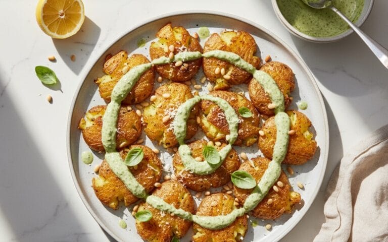 Crispy & Creamy Pesto Yogurt Smashed Potatoes