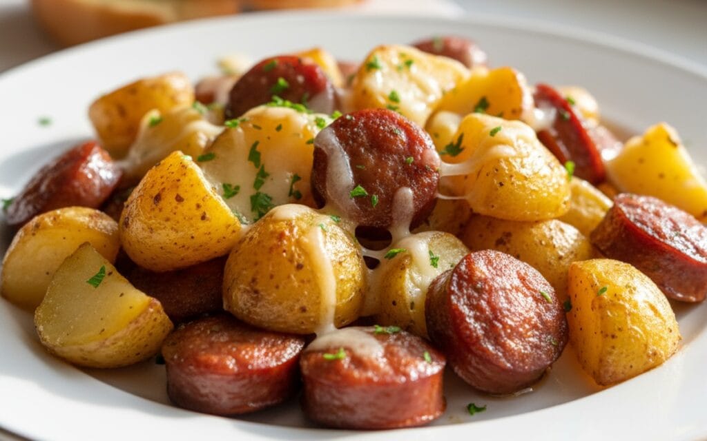 Sticky Cheesy Potatoes & Sausages