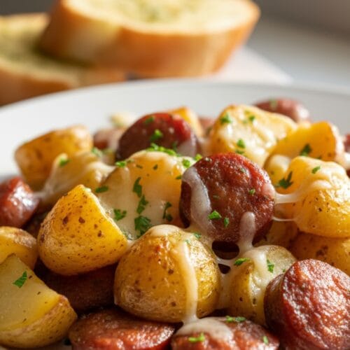 Sticky Cheesy Potatoes & Sausages